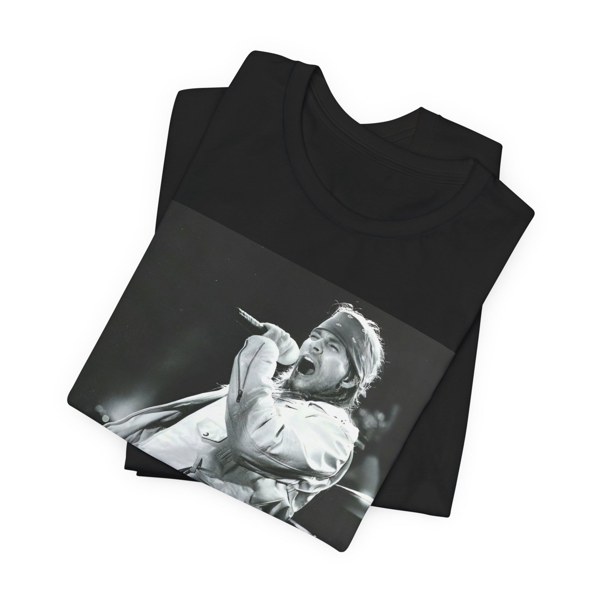 A black graphic t-shirt featuring a black and white graphic or photo of Axl Rose from Guns N' Roses performing on stage in the 90s.