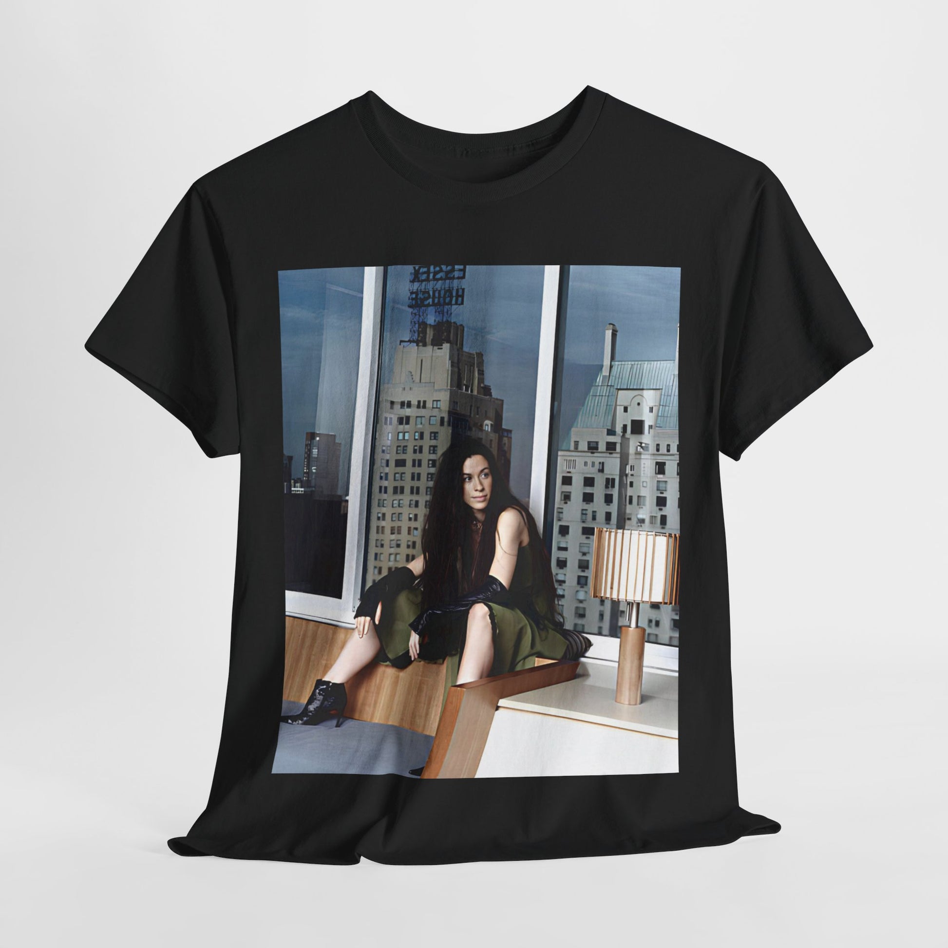 A black graphic t-shirt featuring a photo portrait of Alanis Morissette.