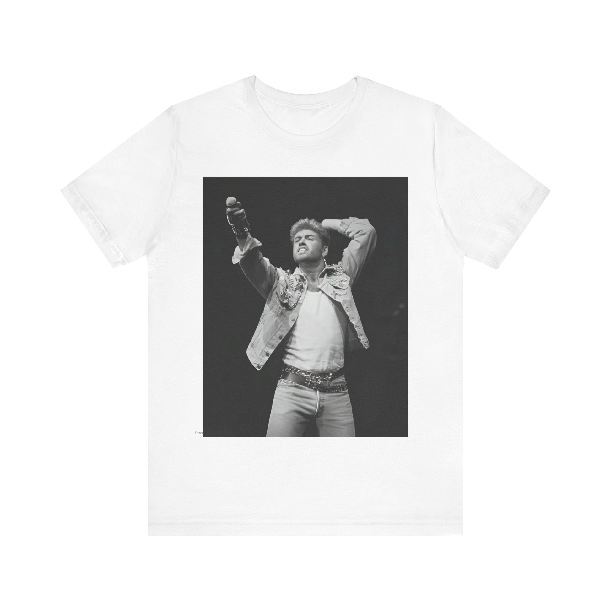 A black graphic t-shirt featuring a graphic or photo of George Michael performing live on stage.