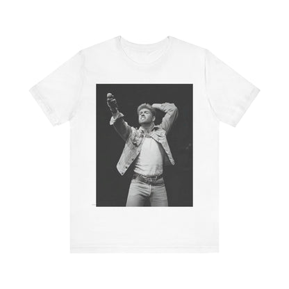 A black graphic t-shirt featuring a graphic or photo of George Michael performing live on stage.