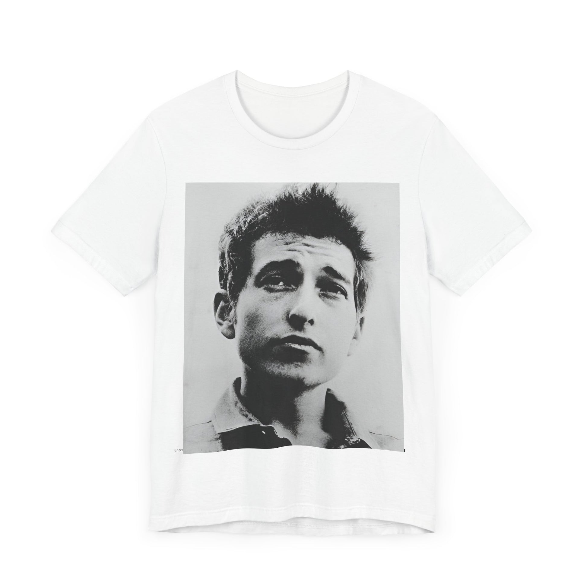 A black graphic t-shirt featuring a retro black and white folk iconic graphic of Bob Dylan.