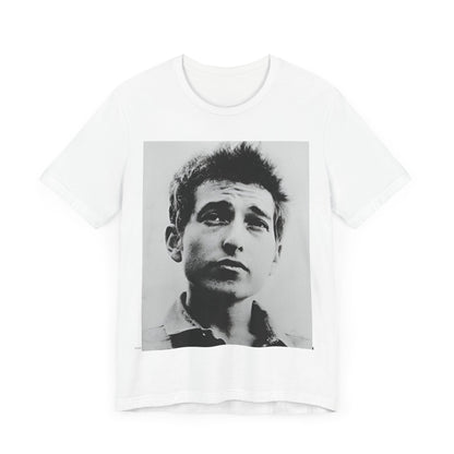 A black graphic t-shirt featuring a retro black and white folk iconic graphic of Bob Dylan.