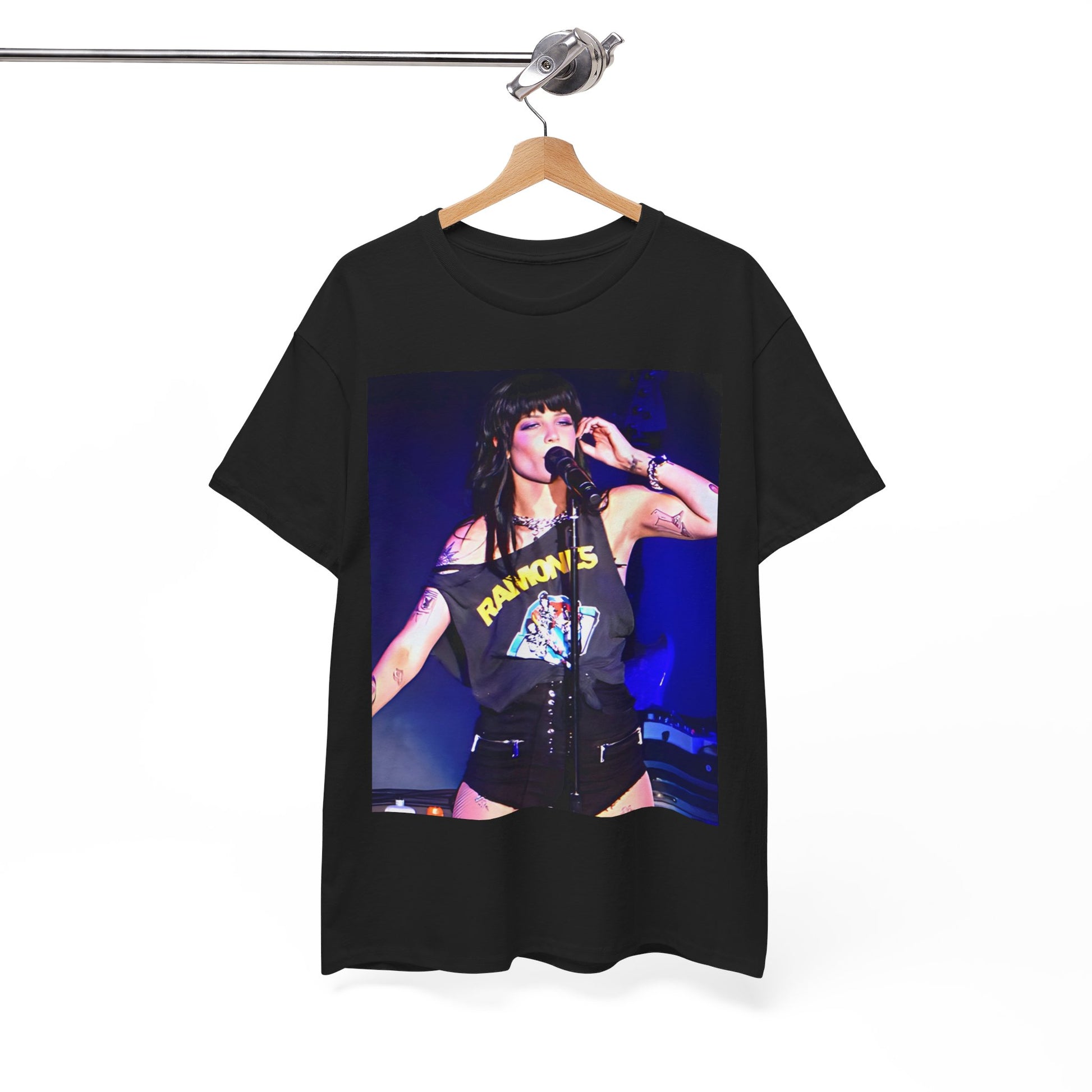 A black graphic t-shirt featuring a vintage graphic of Halsey as a pop rebel on stage.