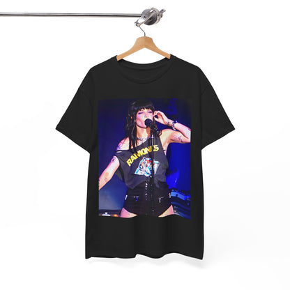 A black graphic t-shirt featuring a vintage graphic of Halsey as a pop rebel on stage.