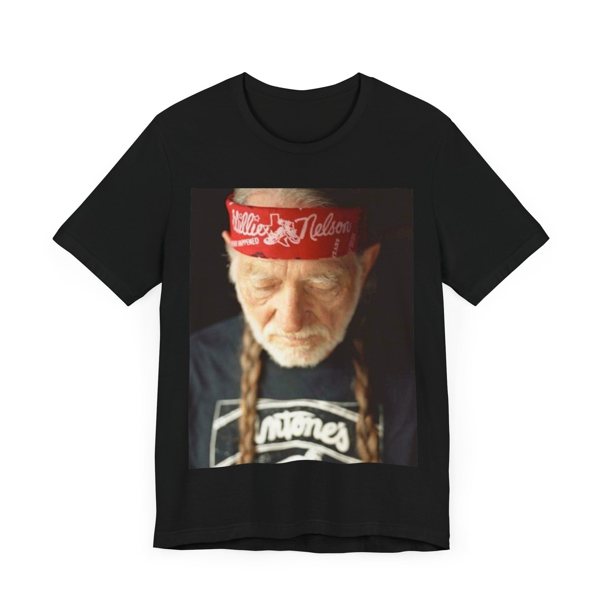 A black graphic t-shirt featuring a Texas music aesthetic graphic of Willie Nelson.
