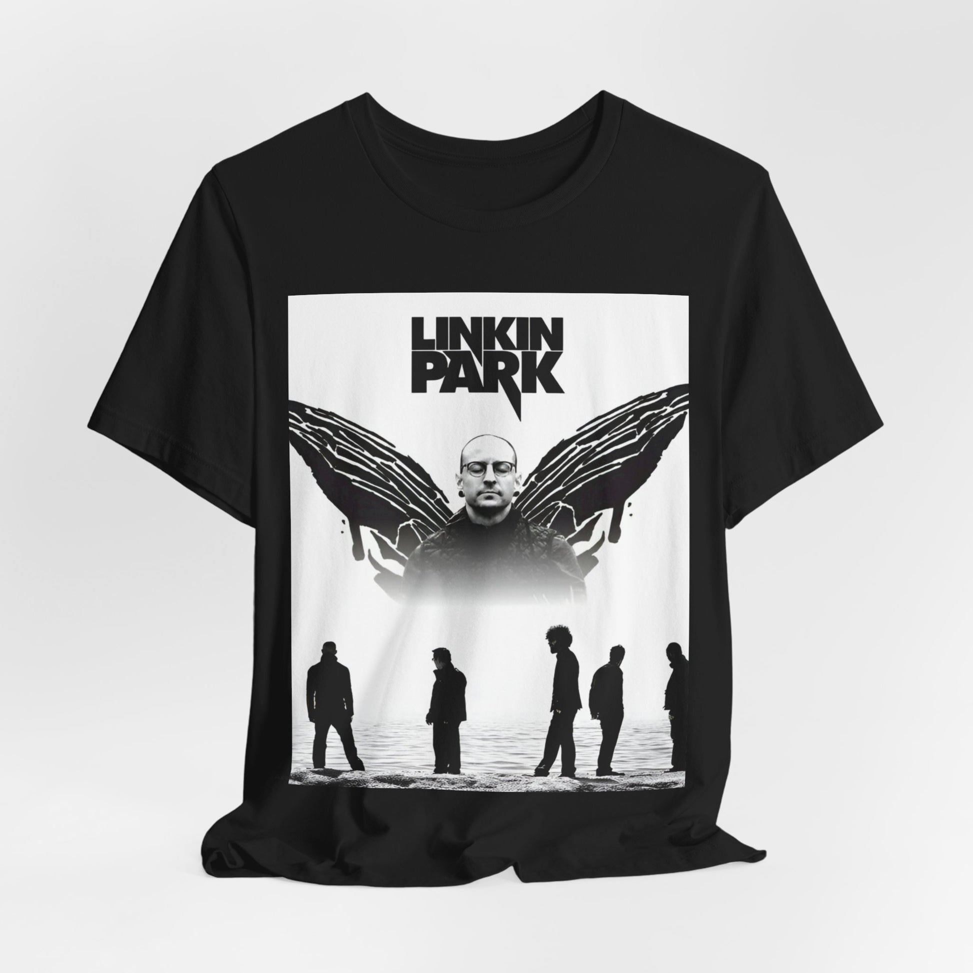 A black graphic t-shirt featuring a tribute graphic for Chester Bennington of Linkin Park.