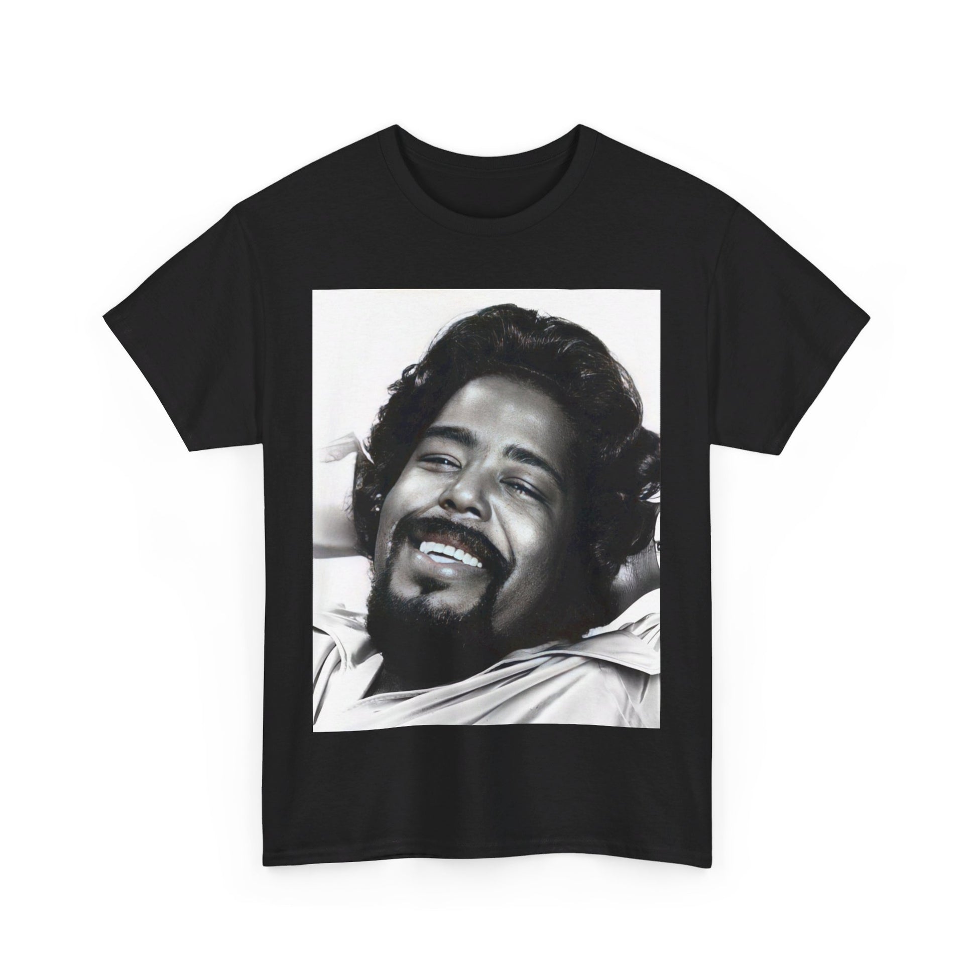 A black graphic t-shirt featuring a 70s-style pop art graphic of Barry White with a relaxed or 'chill' expression.