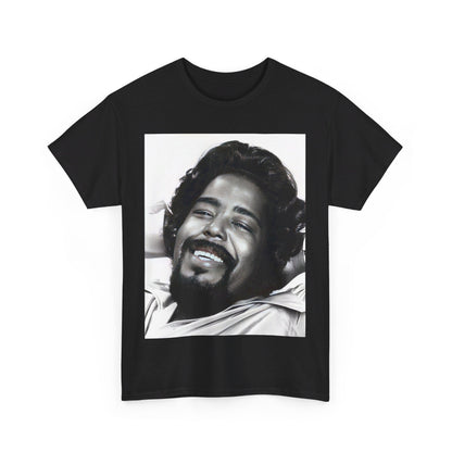 A black graphic t-shirt featuring a 70s-style pop art graphic of Barry White with a relaxed or 'chill' expression.