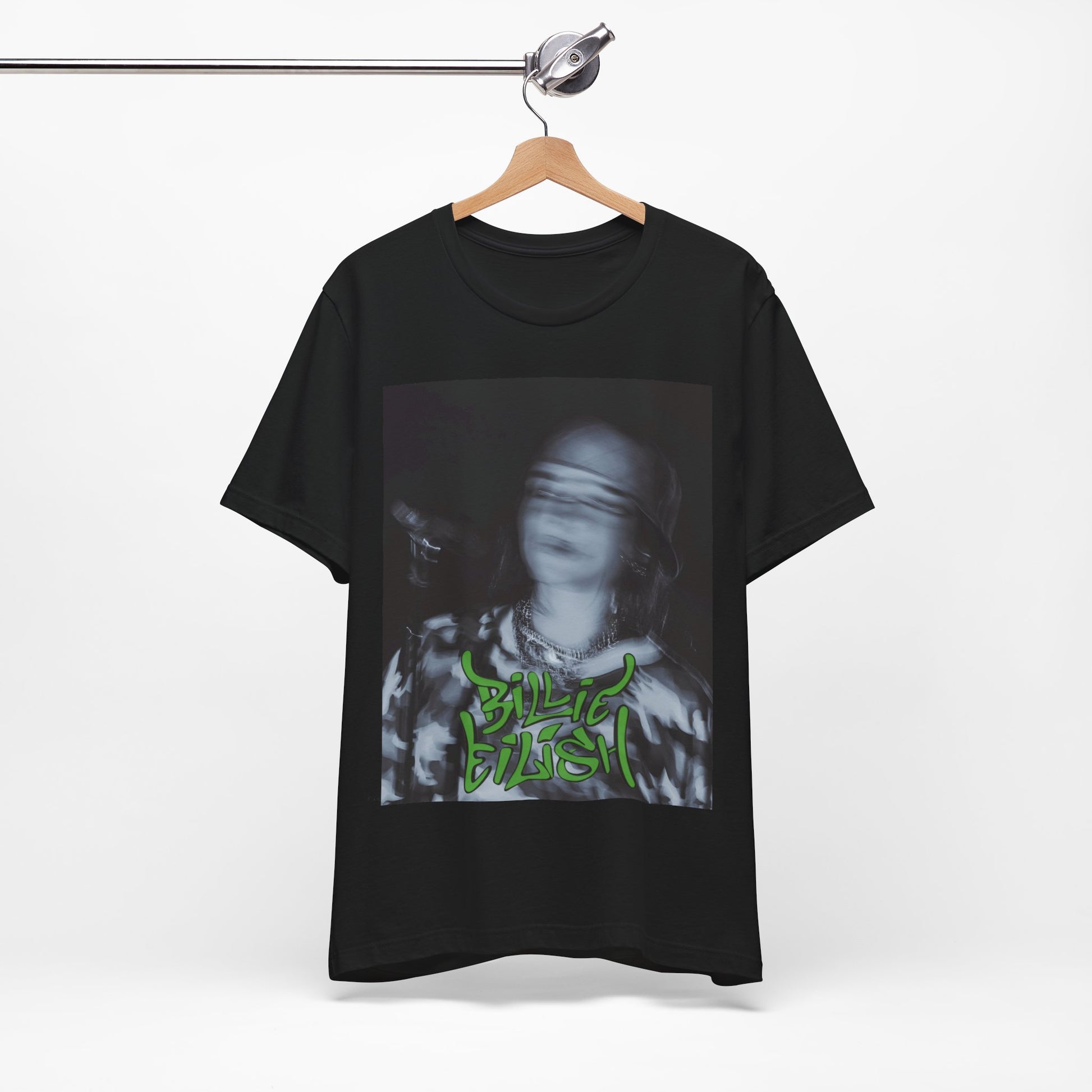 A photo of Billie Eilish in a classic 'anti-popstar' pose, with a bored expression and slouchy streetwear, printed on a graphic t-shirt.