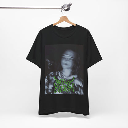A photo of Billie Eilish in a classic 'anti-popstar' pose, with a bored expression and slouchy streetwear, printed on a graphic t-shirt.