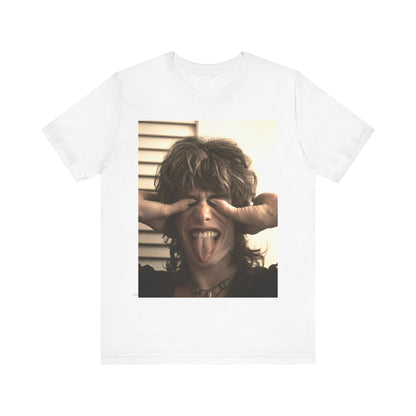 A black graphic t-shirt featuring a vintage 70s band photo of Aerosmith, showing the members in their iconic early looks.