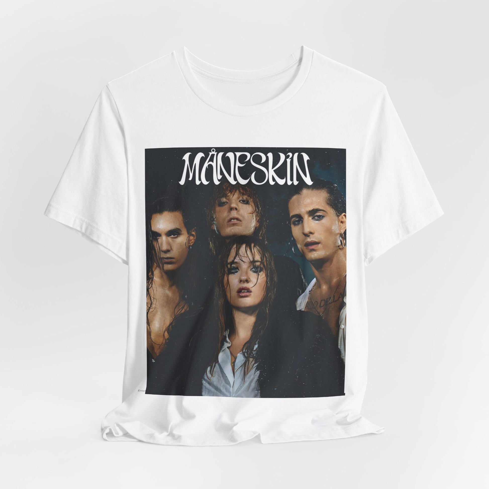 A black graphic t-shirt featuring a graphic of Maneskin with cool Italian rock vibes.