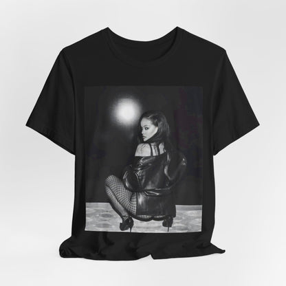 A black graphic t-shirt featuring a black and white sexy graphic of Rihanna.