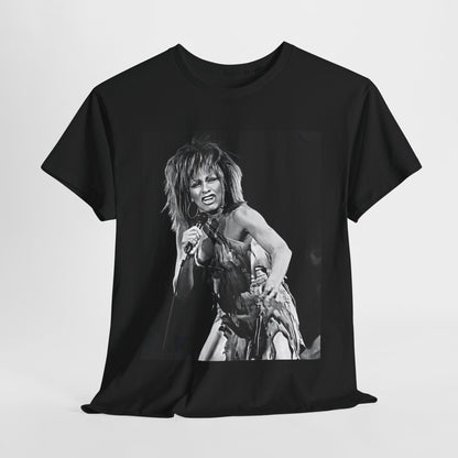 A black graphic t-shirt featuring a graphic of Tina Turner as an inspiring legend.