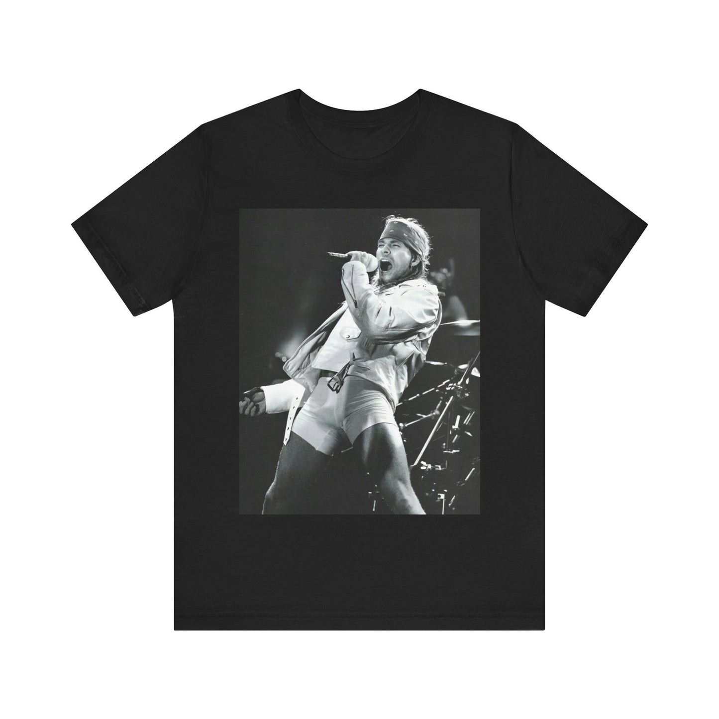 A black graphic t-shirt featuring a black and white graphic or photo of Axl Rose from Guns N' Roses performing on stage in the 90s.