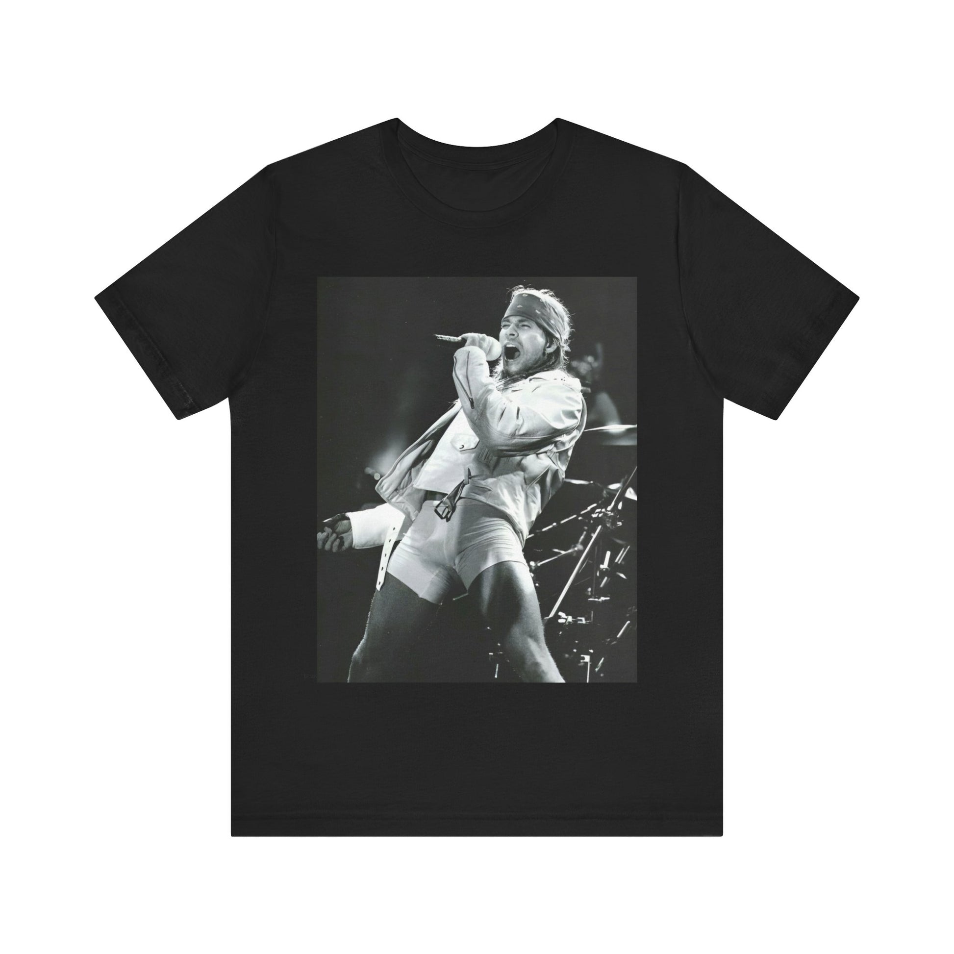 A black graphic t-shirt featuring a black and white graphic or photo of Axl Rose from Guns N' Roses performing on stage in the 90s.