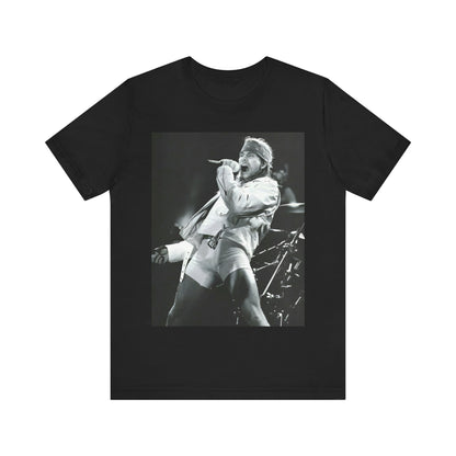 A black graphic t-shirt featuring a black and white graphic or photo of Axl Rose from Guns N' Roses performing on stage in the 90s.