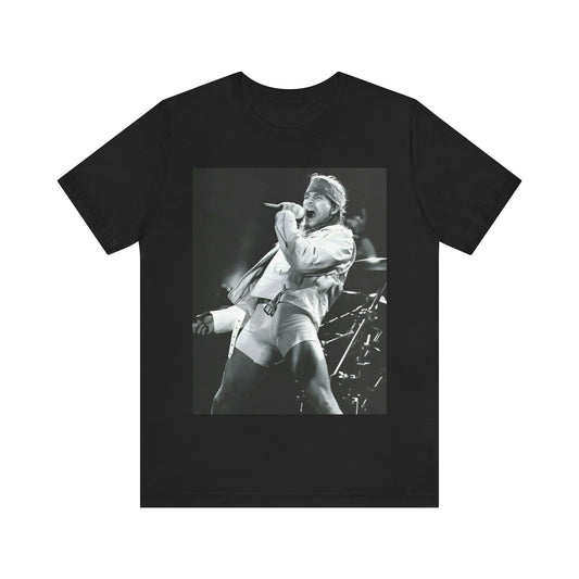 A black graphic t-shirt featuring a black and white graphic or photo of Axl Rose from Guns N' Roses performing on stage in the 90s.