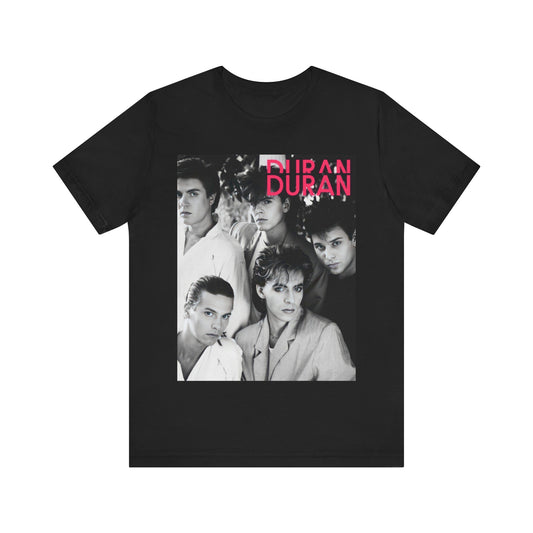 A black graphic t-shirt featuring a black and white graphic or photo of Duran Duran, designed with an 80s retro aesthetic.