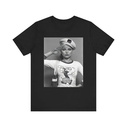 A black graphic t-shirt featuring a classic black and white graphic of the band Blondie.
