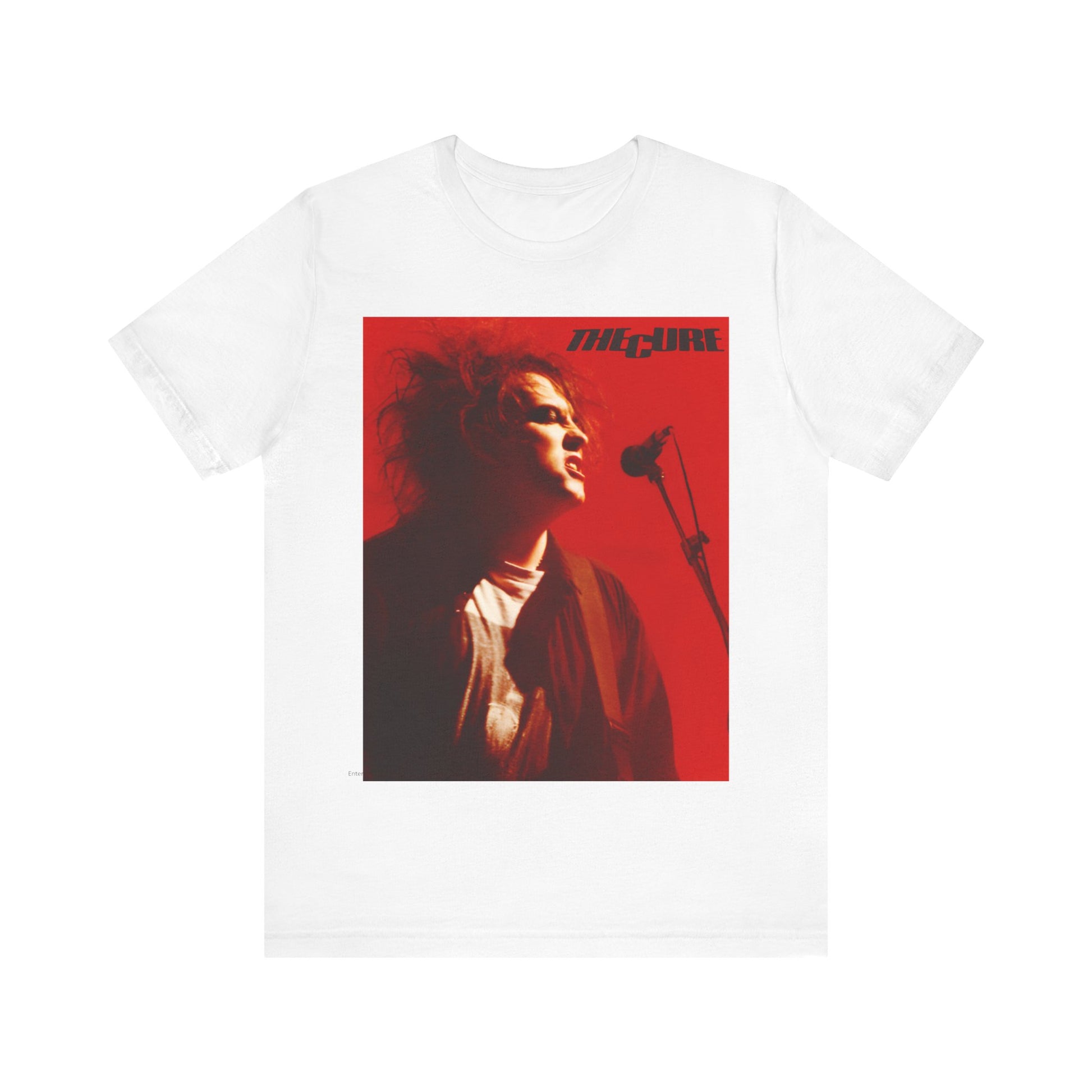 A black graphic t-shirt featuring a graphic of Robert Smith from The Cure with iconic red lipstick.