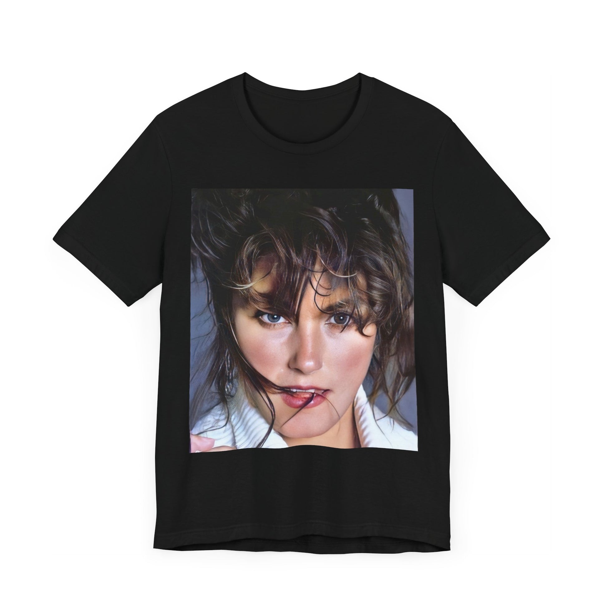 A black graphic t-shirt featuring an 80s style graphic of Laura Branigan.