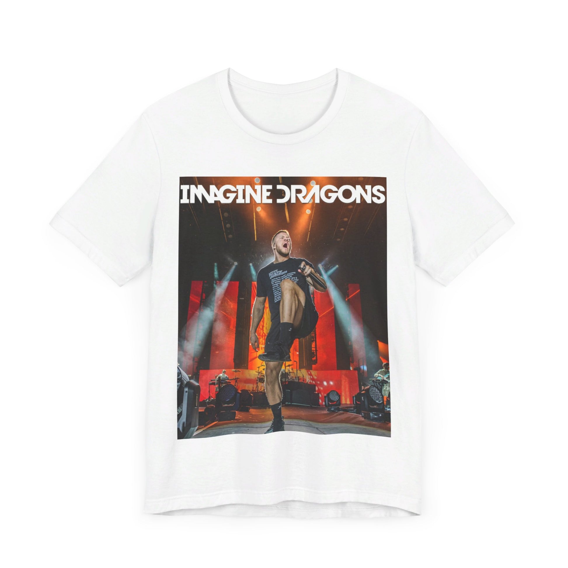 A black graphic t-shirt featuring a graphic or photo of Imagine Dragons performing live on stage.
