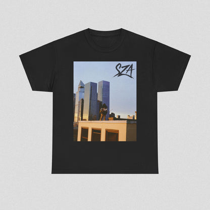 A black graphic t-shirt featuring a modern R&B essential graphic of SZA.