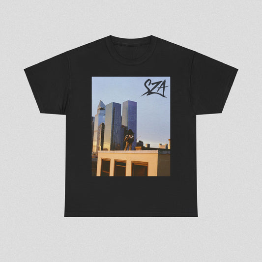 A black graphic t-shirt featuring a modern R&B essential graphic of SZA.