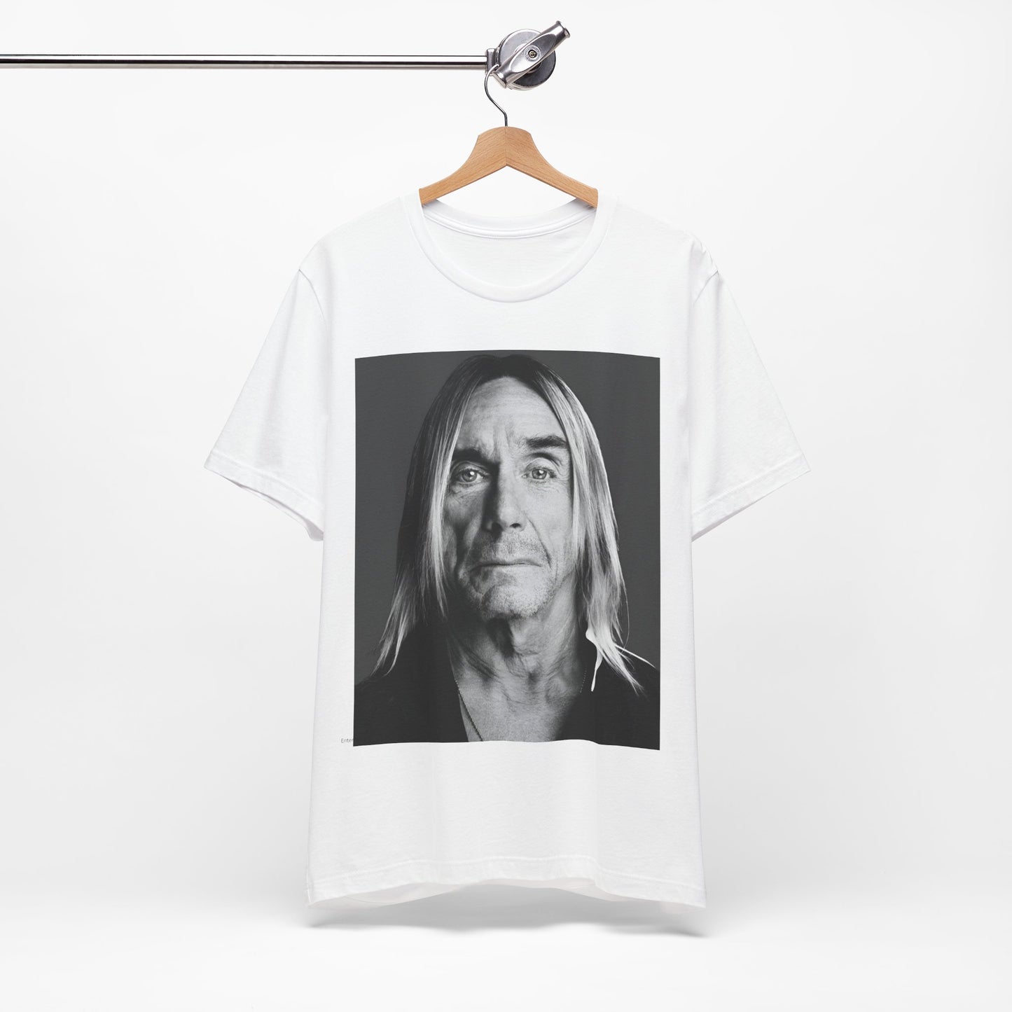 A black graphic t-shirt featuring a black and white portrait photo of Iggy Pop.