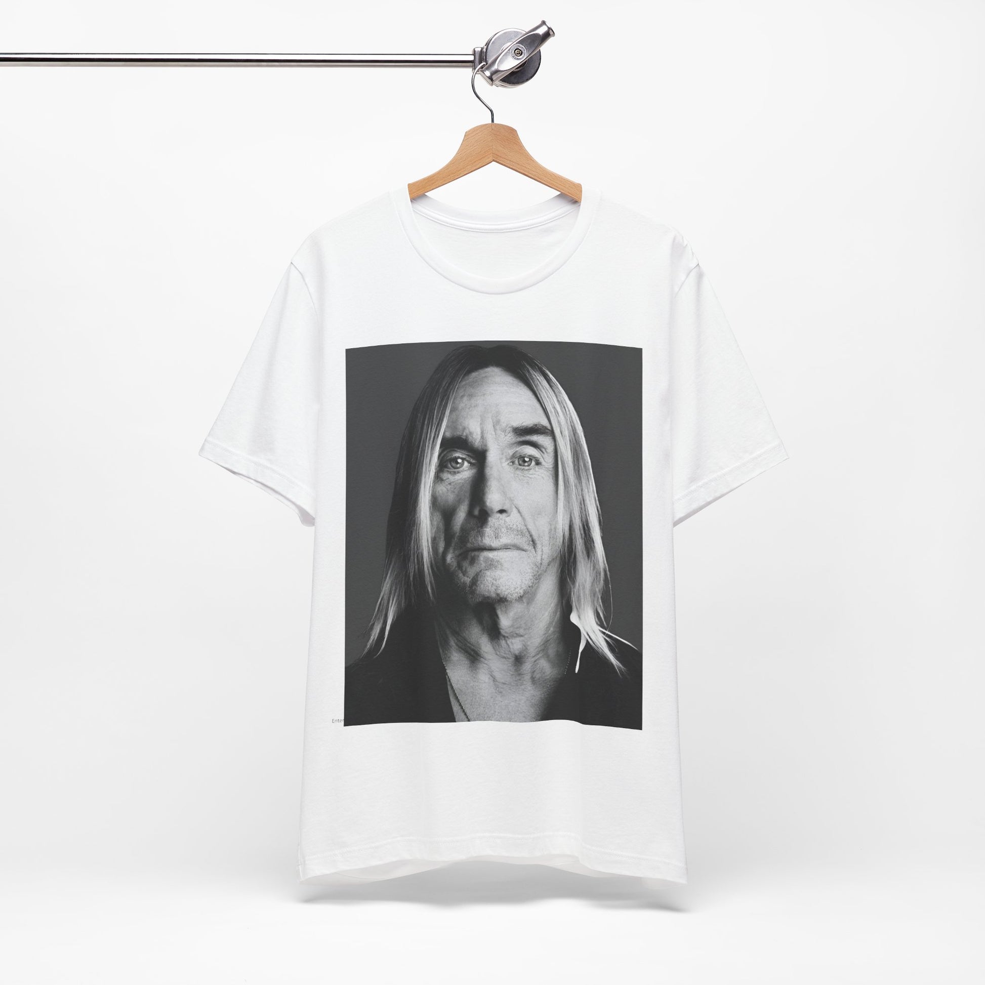 A black graphic t-shirt featuring a black and white portrait photo of Iggy Pop.