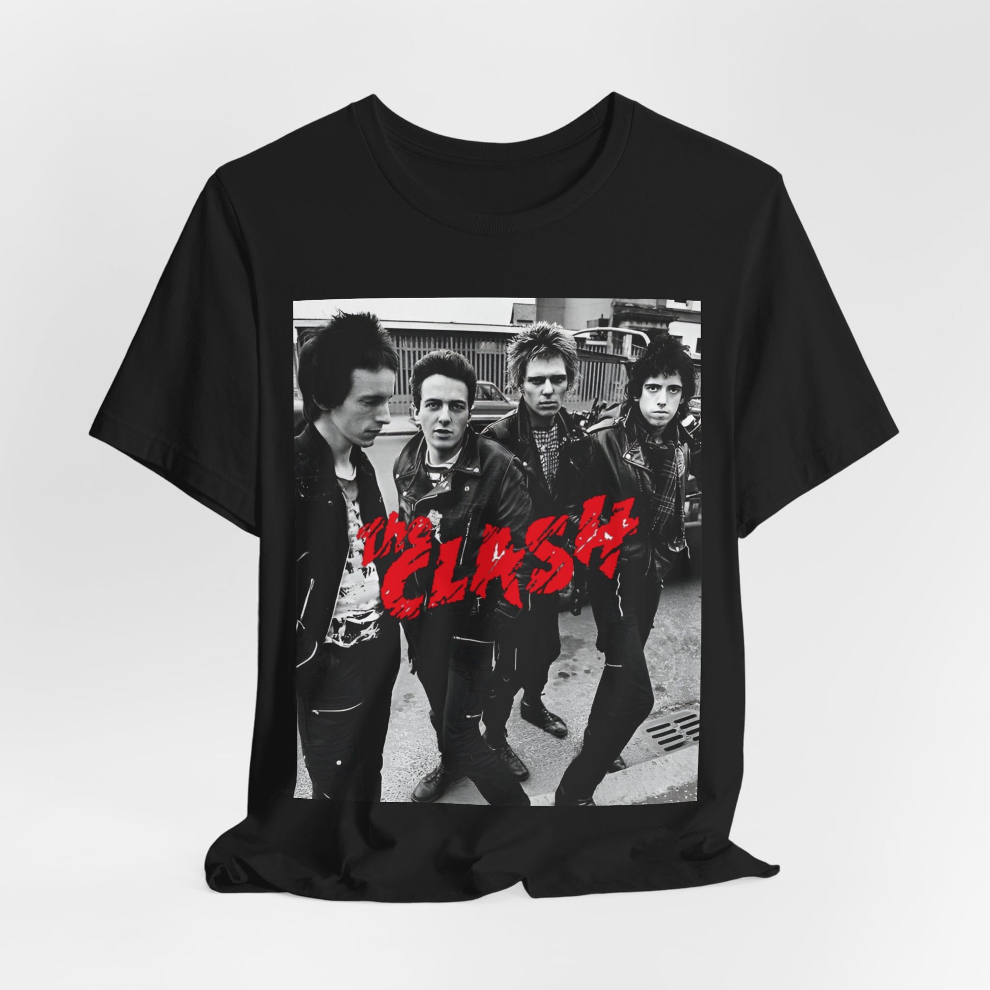 A black graphic t-shirt featuring a graphic of The Clash as punk rock pioneers.