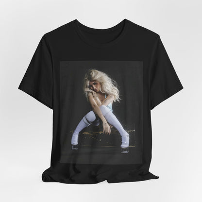A black graphic t-shirt featuring a graphic of Nessa Barrett with dark pop vibes aesthetic.