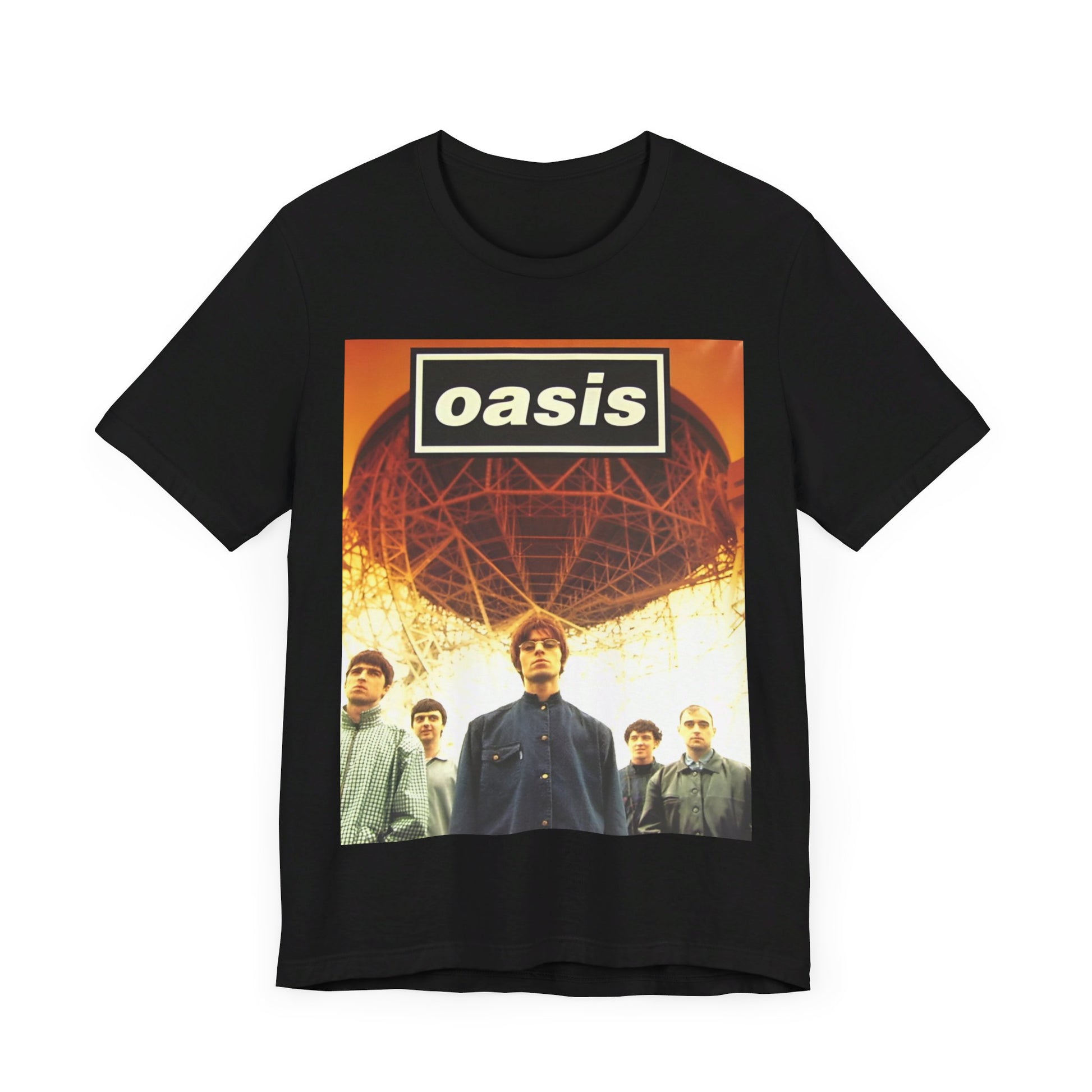 A black graphic t-shirt featuring a 90s vintage Britpop icon graphic of Oasis.