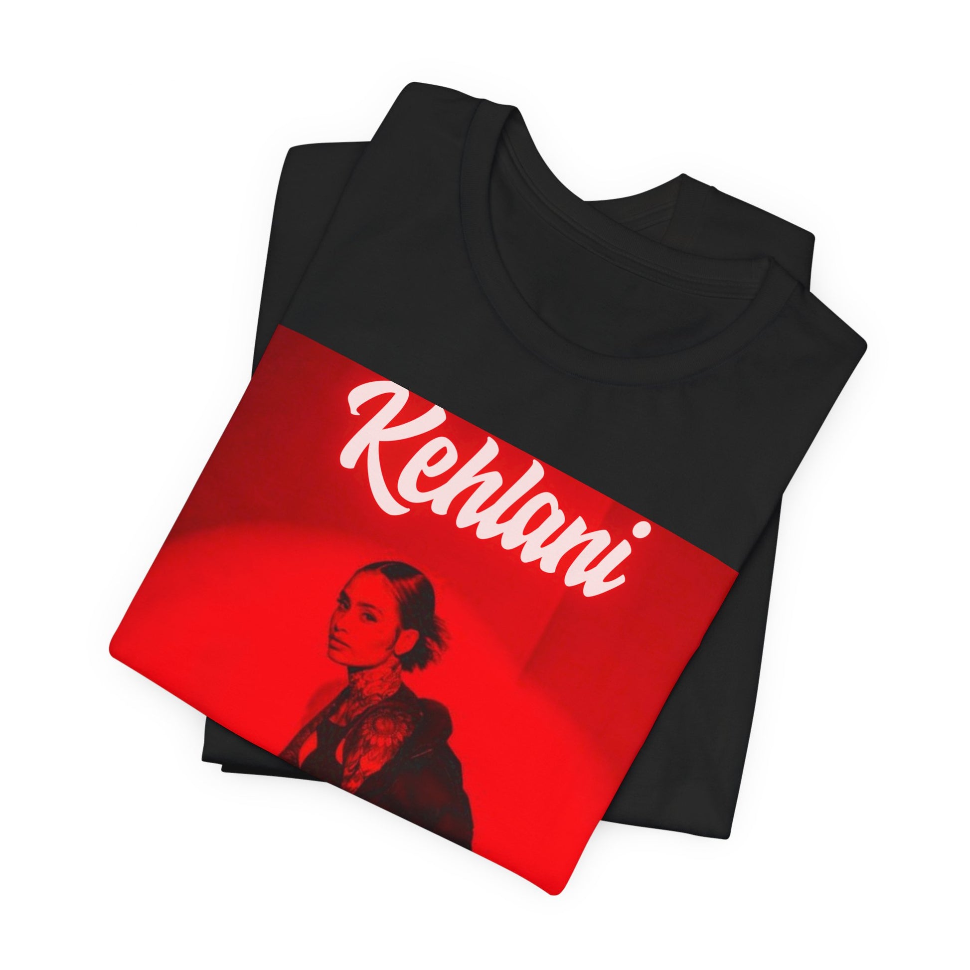 A black graphic t-shirt featuring a photo of Kehlani with a prominent red aesthetic or red lighting.