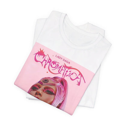 A black graphic t-shirt featuring a graphic related to Lady Gaga's 'Chromatica' album.
