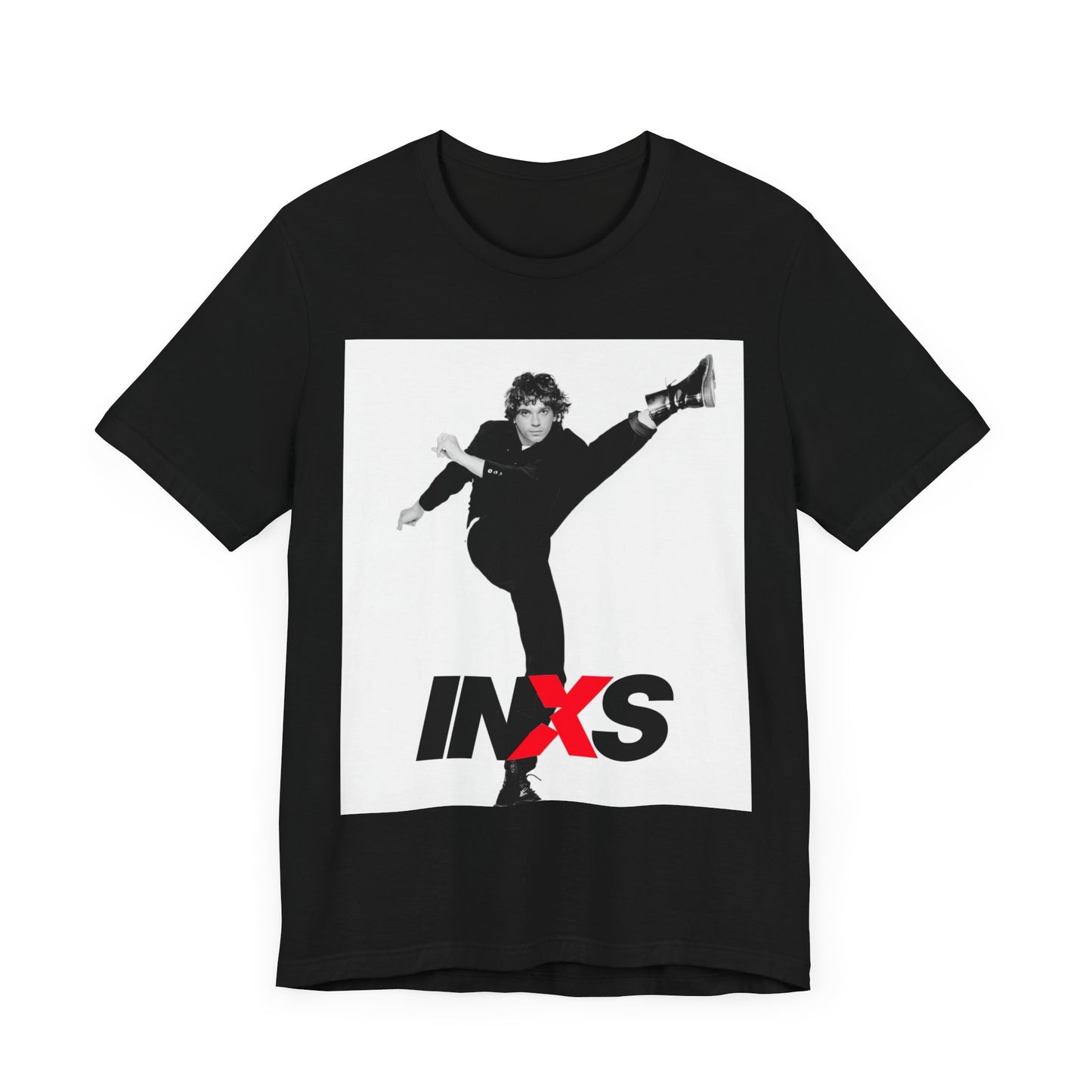 A black graphic t-shirt featuring a retro graphic related to INXS's 'Kick' album era.