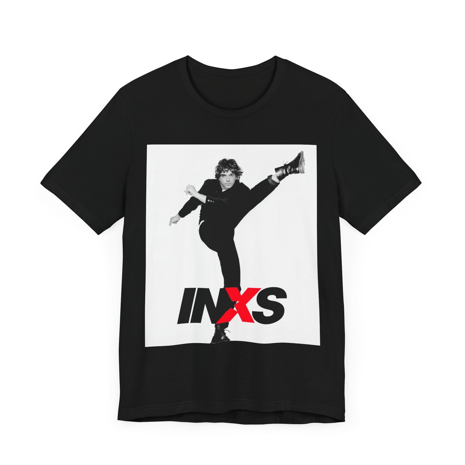 A black graphic t-shirt featuring a retro graphic related to INXS's 'Kick' album era.