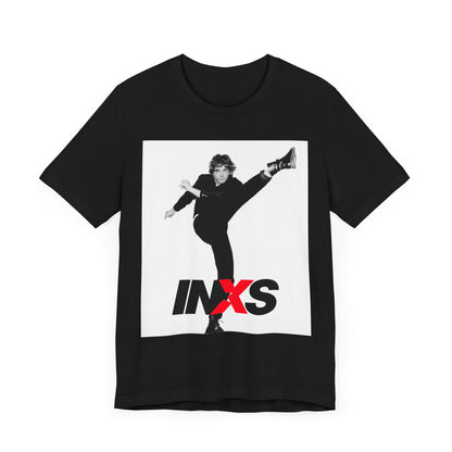 A black graphic t-shirt featuring a retro graphic related to INXS's 'Kick' album era.