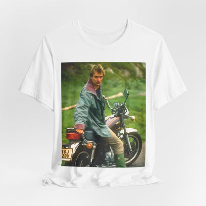 A black graphic t-shirt featuring a graphic of Sting from The Police with a motorcycle theme.