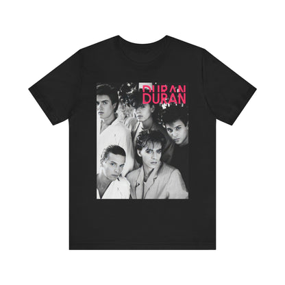 A black graphic t-shirt featuring an 80s black and white monochrome photo of the band Duran Duran.