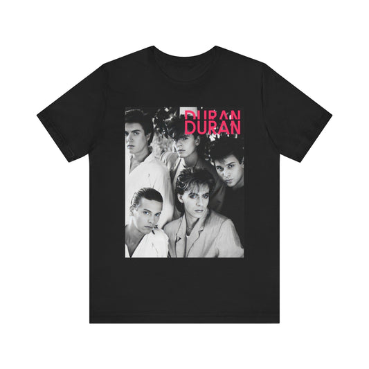 A black graphic t-shirt featuring an 80s black and white monochrome photo of the band Duran Duran.