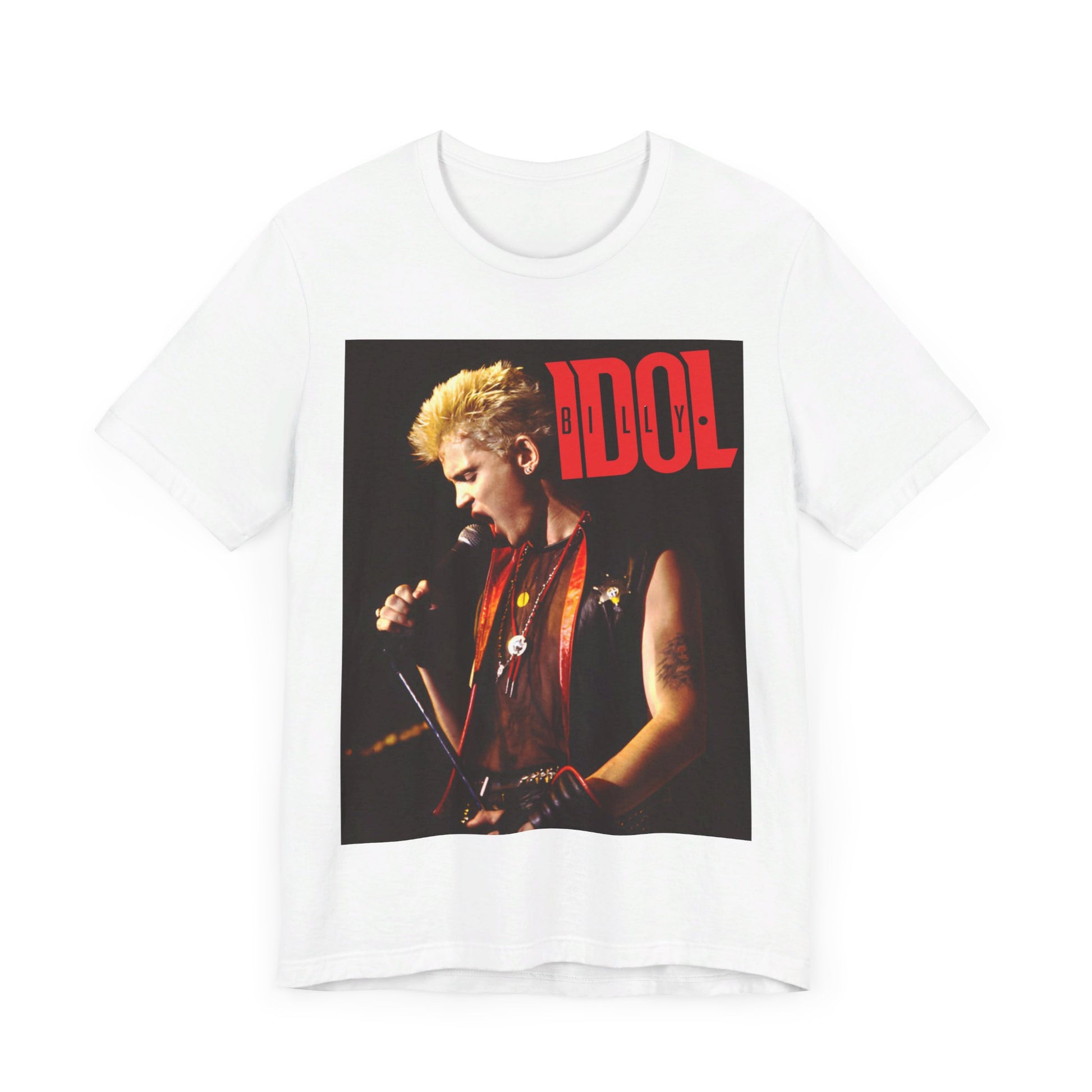 A black graphic t-shirt featuring an iconic 80s concert graphic of Billy Idol performing live on stage.