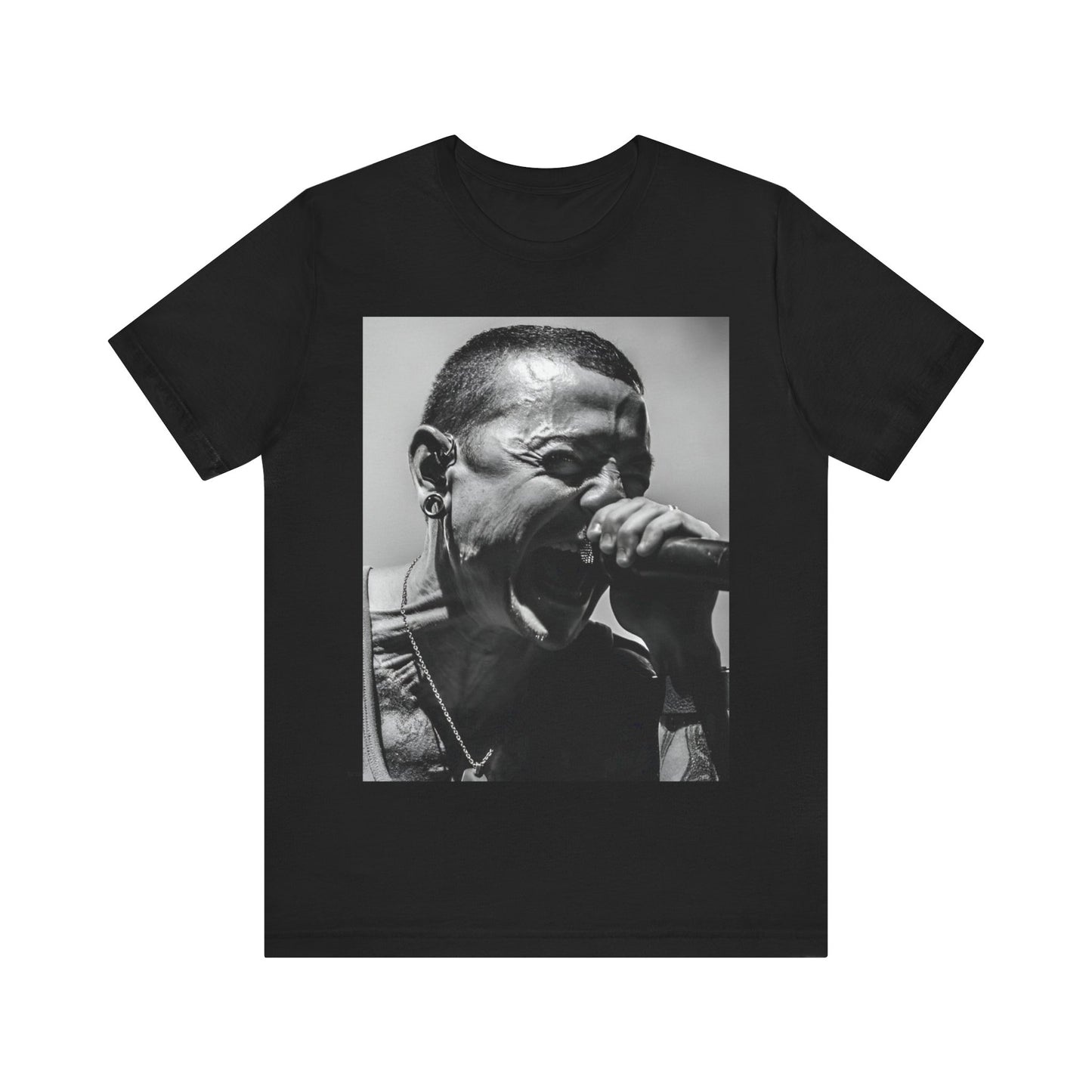 A black graphic t-shirt featuring a fierce graphic of Linkin Park performing live on stage.