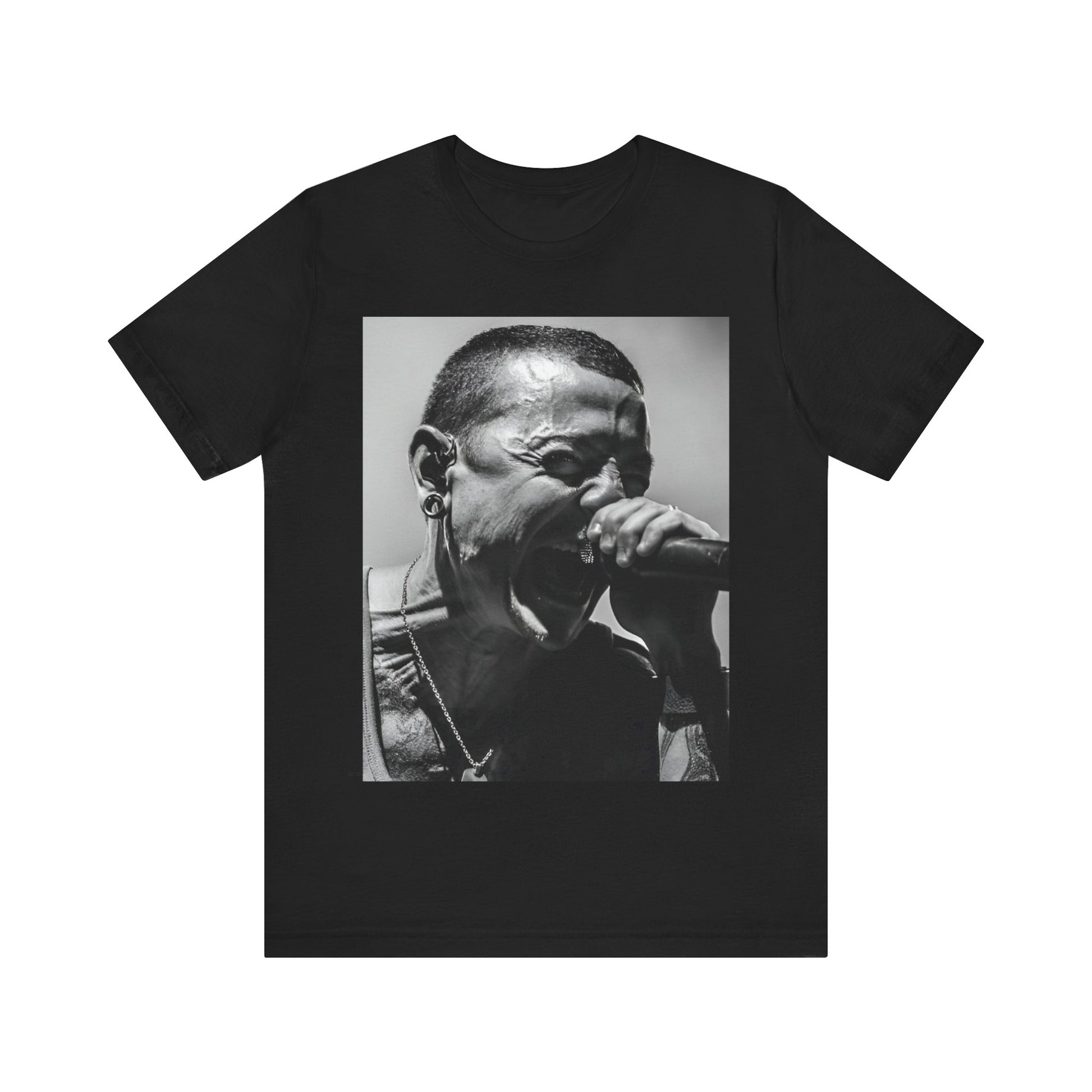 A black graphic t-shirt featuring a fierce graphic of Linkin Park performing live on stage.