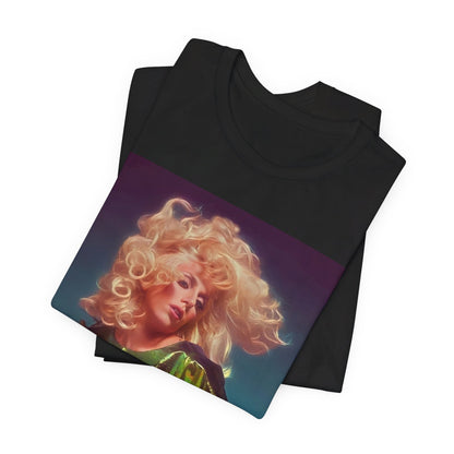 A black graphic t-shirt featuring a retro photo of Lady Gaga with neon lighting or effects.