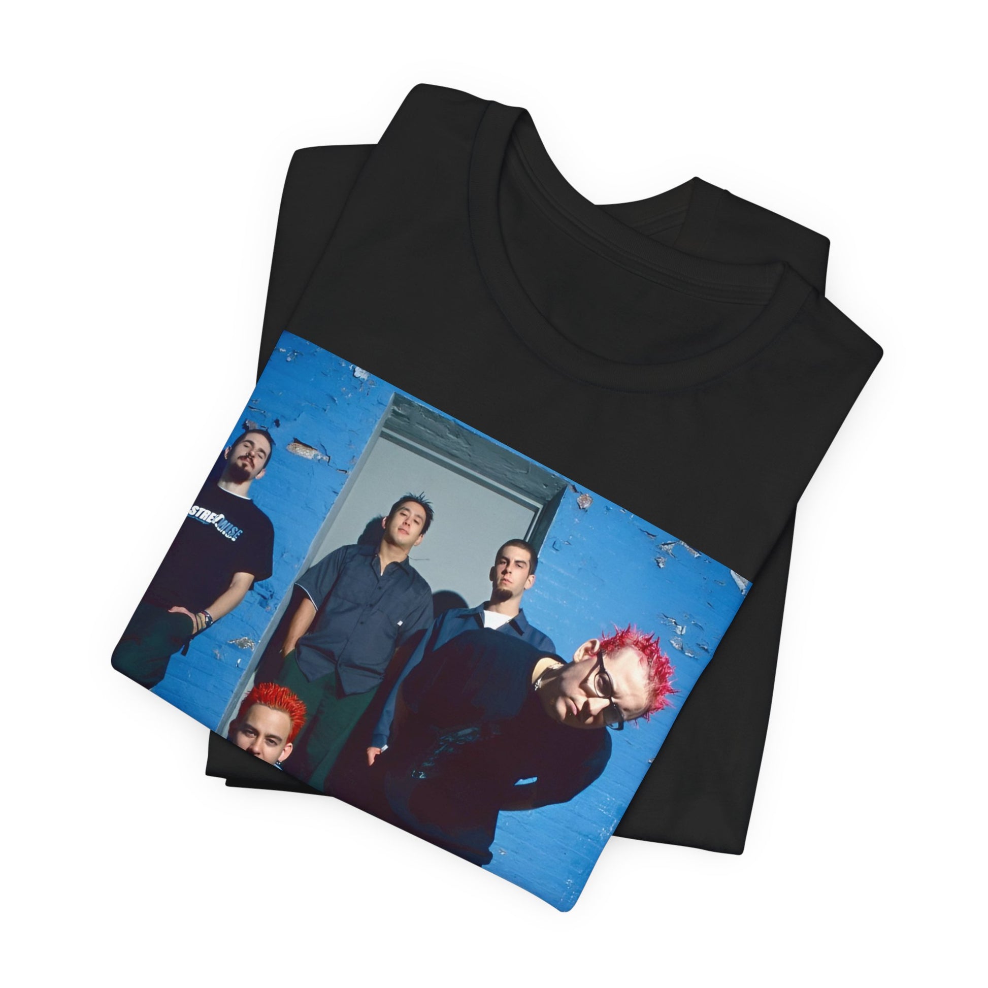 A black graphic t-shirt featuring a graphic of Linkin Park as nu-metal pioneers.