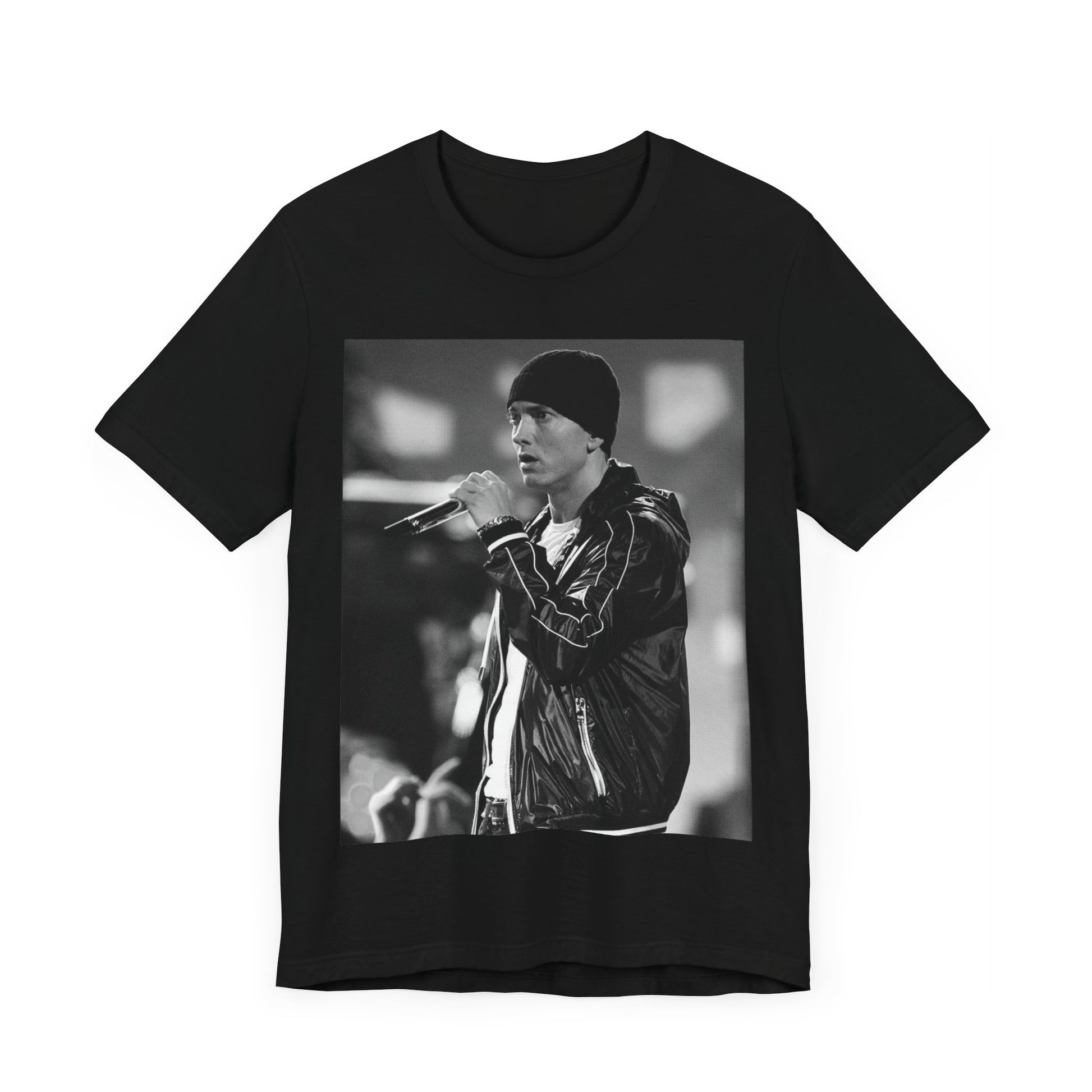 A black graphic t-shirt featuring a classic 90s graphic of Eminem as a 'Rap God'.