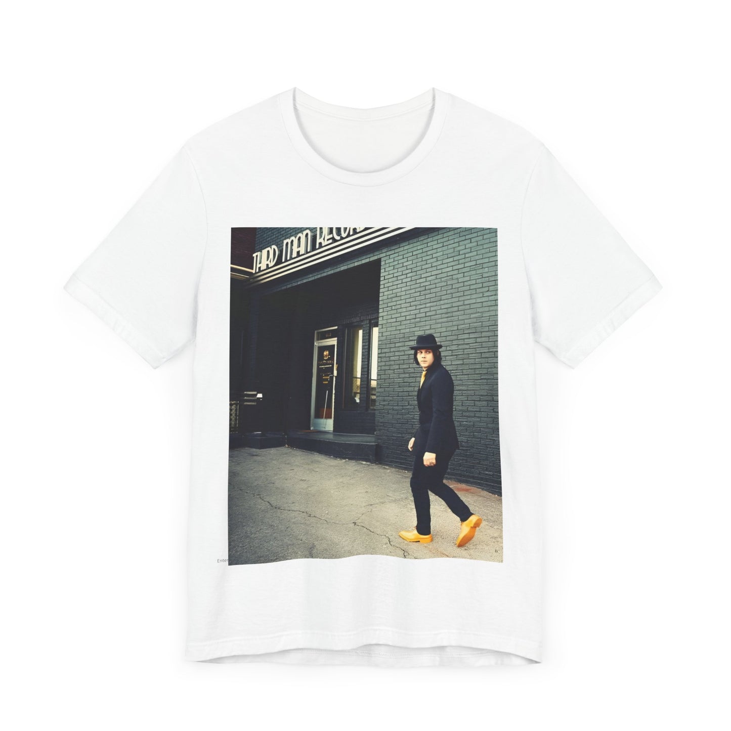 A black graphic t-shirt featuring a garage rock graphic of The White Stripes.