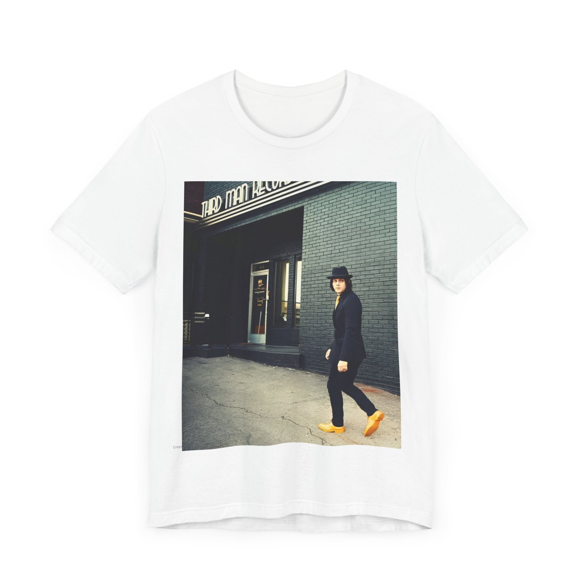 A black graphic t-shirt featuring a garage rock graphic of The White Stripes.